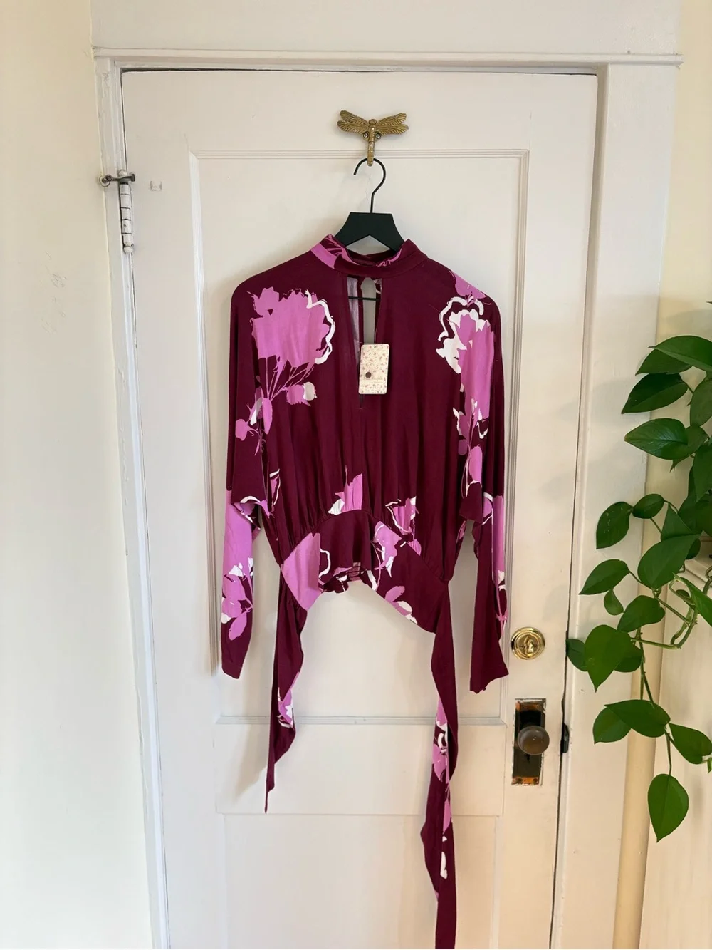 Free People Women’s Say You Love Me Plum Floral Tie-Front Top Small
